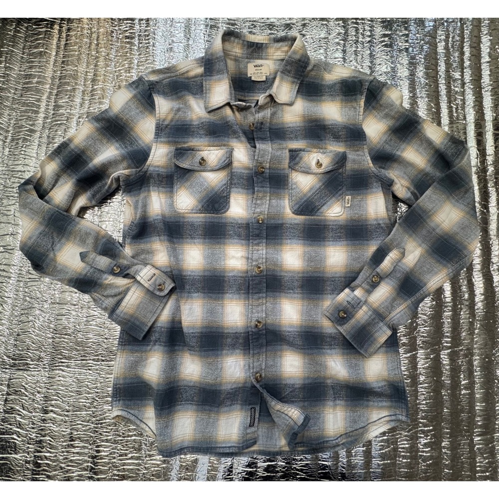 Vans Off The Wall Mens Tailored Fit Plaid Flannel Shirt Blue Cream Tan Medium